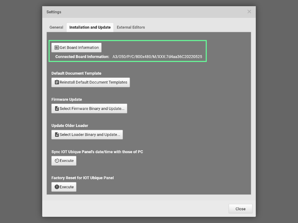 The version information of the connected control board